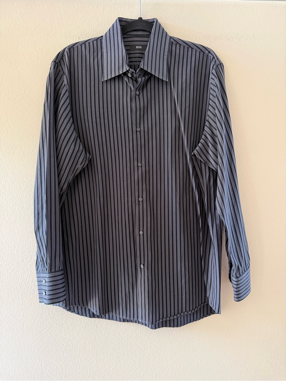 Hugo Boss Men's Black and Charcoal Vertical Stripe Dress Shirt 16 32/33